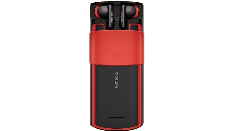 puna-musta Nokia 5710 XpressAudio puhelin yhdessä sisäänrakennettujen kuulokkeiden kanssa