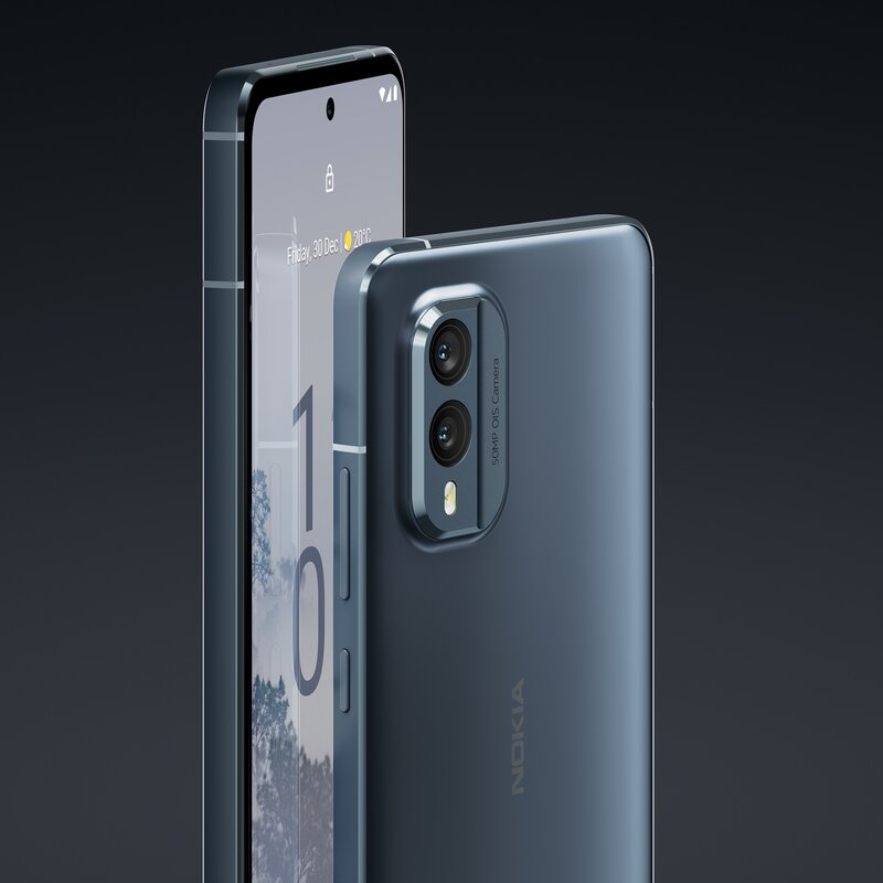 sininen Nokia X30 edestä ja takaa tummalla taustalla