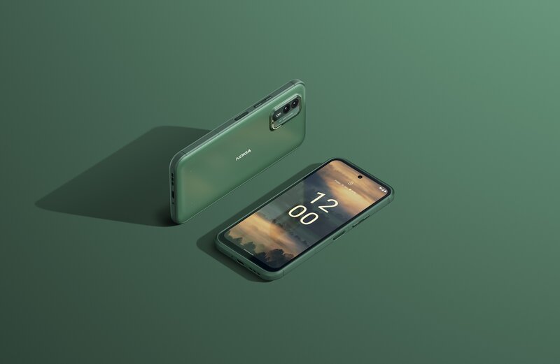 Vihreä Nokia XR21 edestä ja takaa vihreällä taustalla