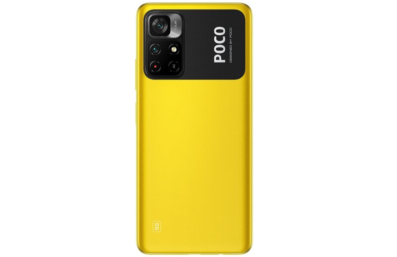 Poco M4 Pro 5G takaa keltaisessa värissä