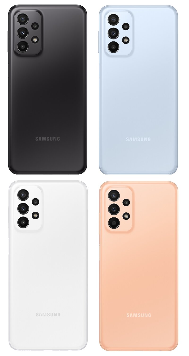 Galaxy A23 5G puhelin takaa neljässä eri värissä
