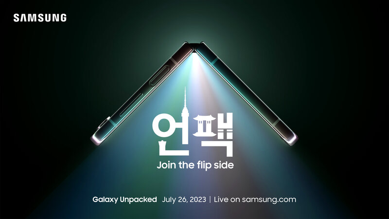 Samsungin virallinen kutsu Unpacked-tilaisuuteen, joka järjestetään 26. heinäkuuta. Kutsu vihjaa taittuvanäyttöisen puhelimen esittelystä