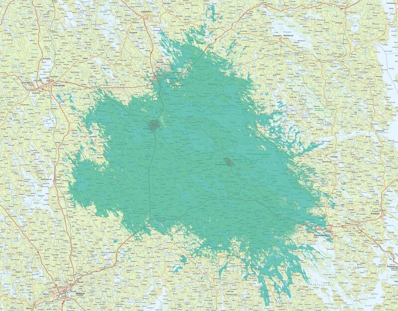 Tumman vihreä väri kertomassa nopean 5G-verkon peiton Joroisissa ja Rantasalmella