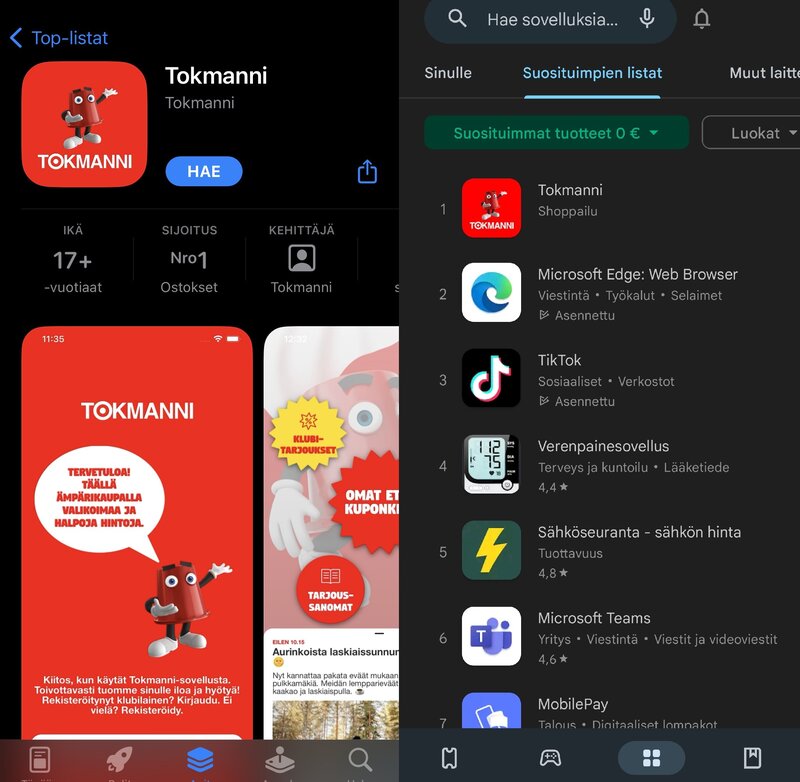 tokmanni sovellus App Storessa ja Google Playssa