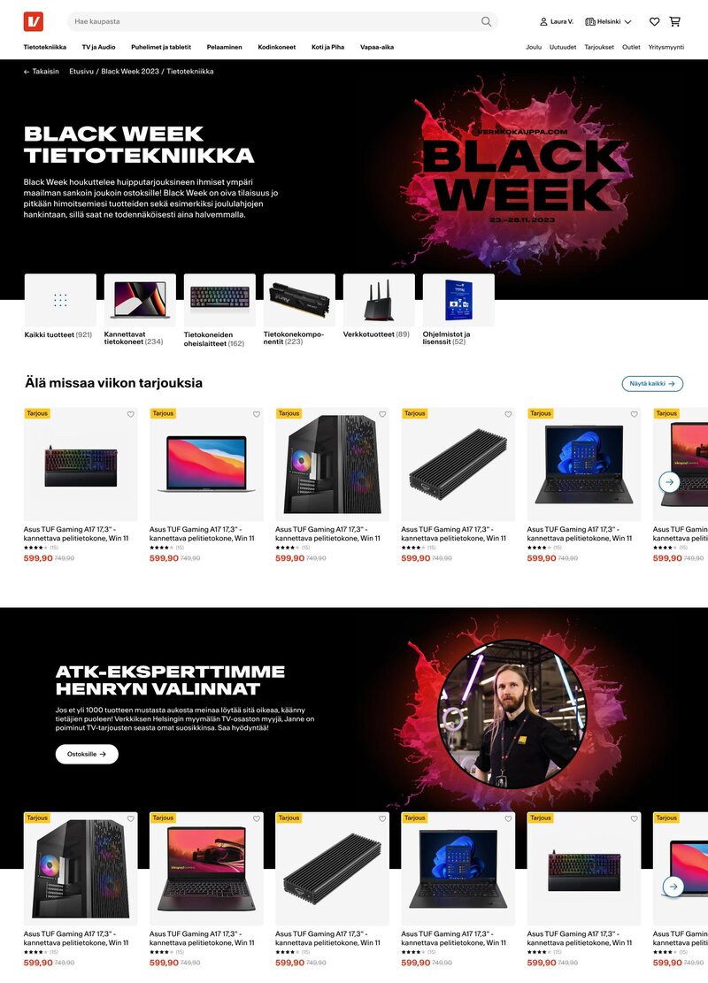 Verkkokauppa.comin havainnekuva Black Week -kampanjasta uusilla sivuilla