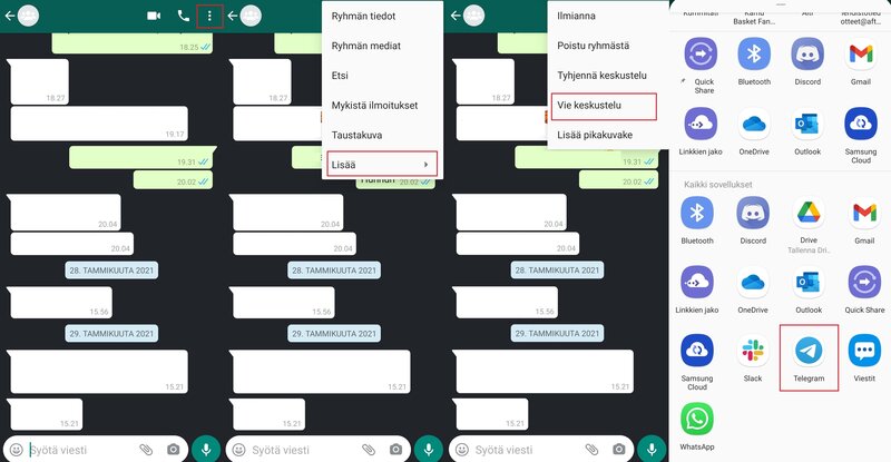 ohjeet keskusteluhistorian siirtämiseen WhatsAppista Telegramiin Androidilla