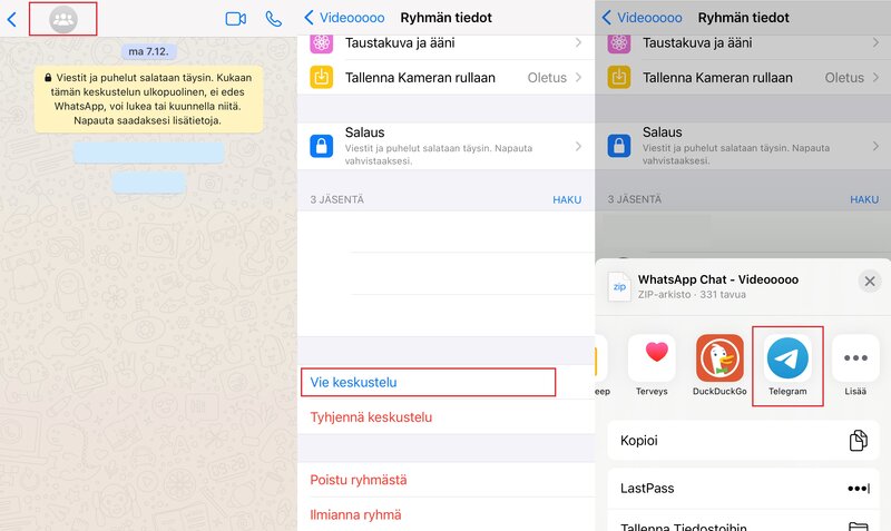 ohjeet keskusteluhistorian siirtämiseen WhatsAppista Telegramiin iOS:llä