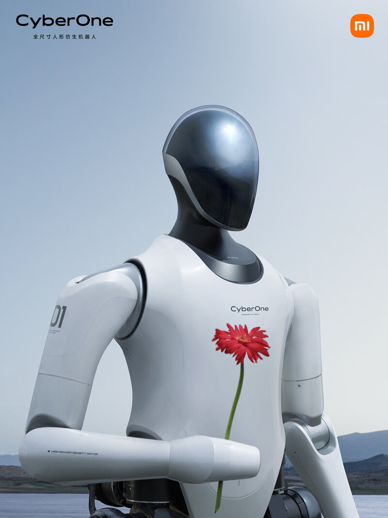 Xiaomin CyberOne humanoidirobotti kukka kädessä