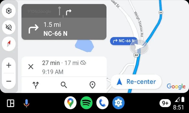 Uusittu Google Maps karttapalvelu Android Autossa. Vasemmassa sivussa on uusi palkki toimintoja varten