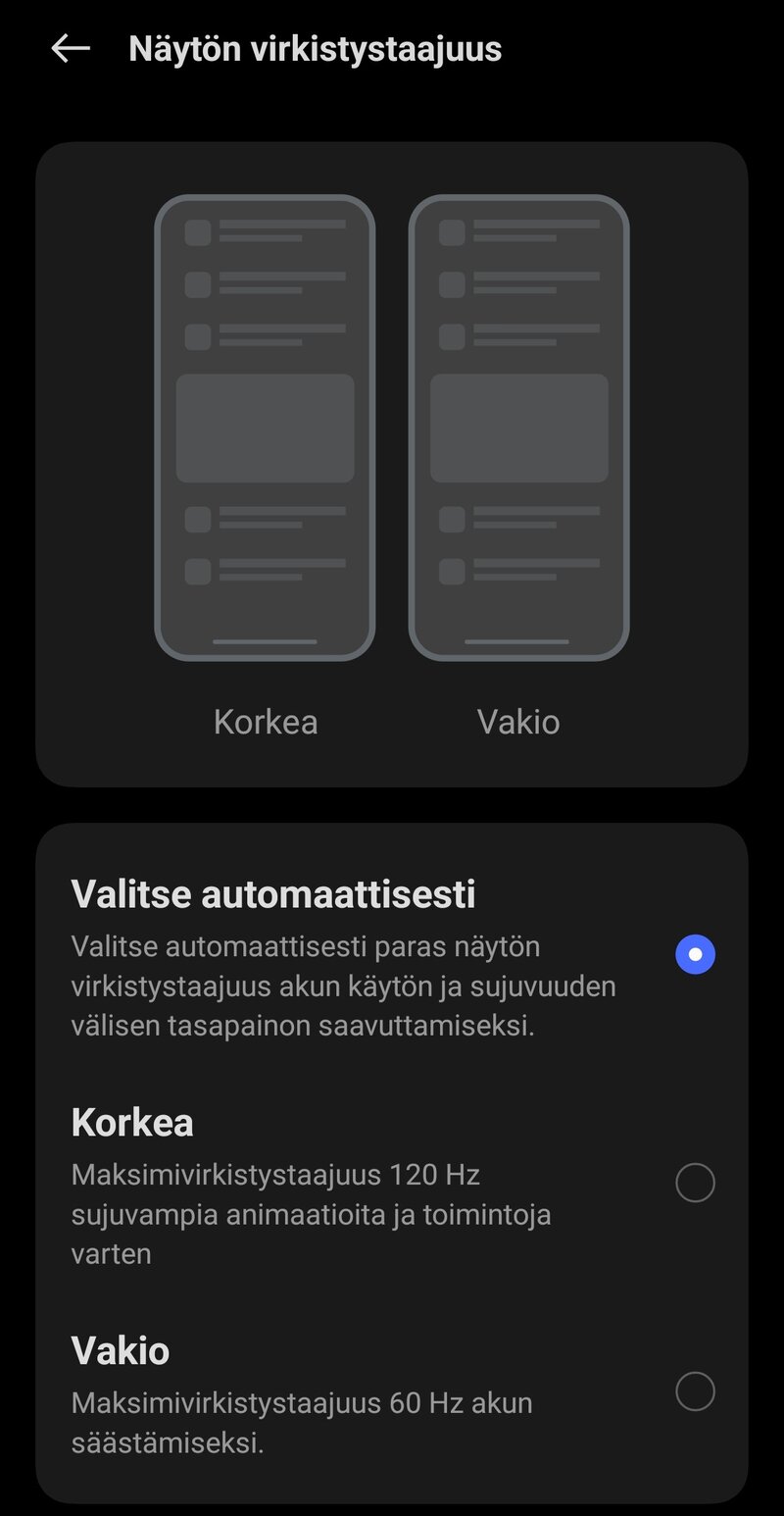 Virkistystaajuuden valinta OnePlus Nord 3 valikoiden kautta