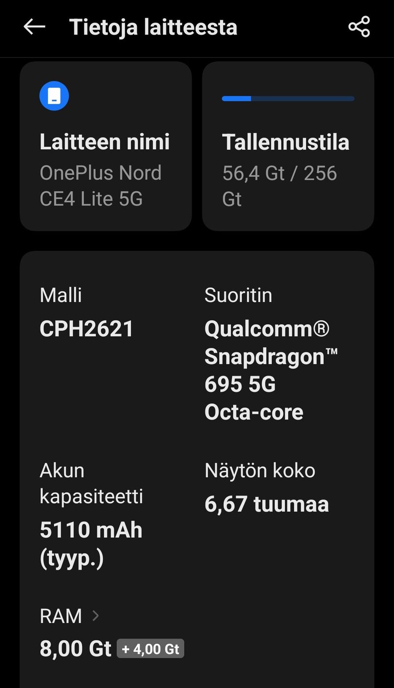 OnePlus Nord CE4 Lite, tekniset tiedot puhelimen asetuksista