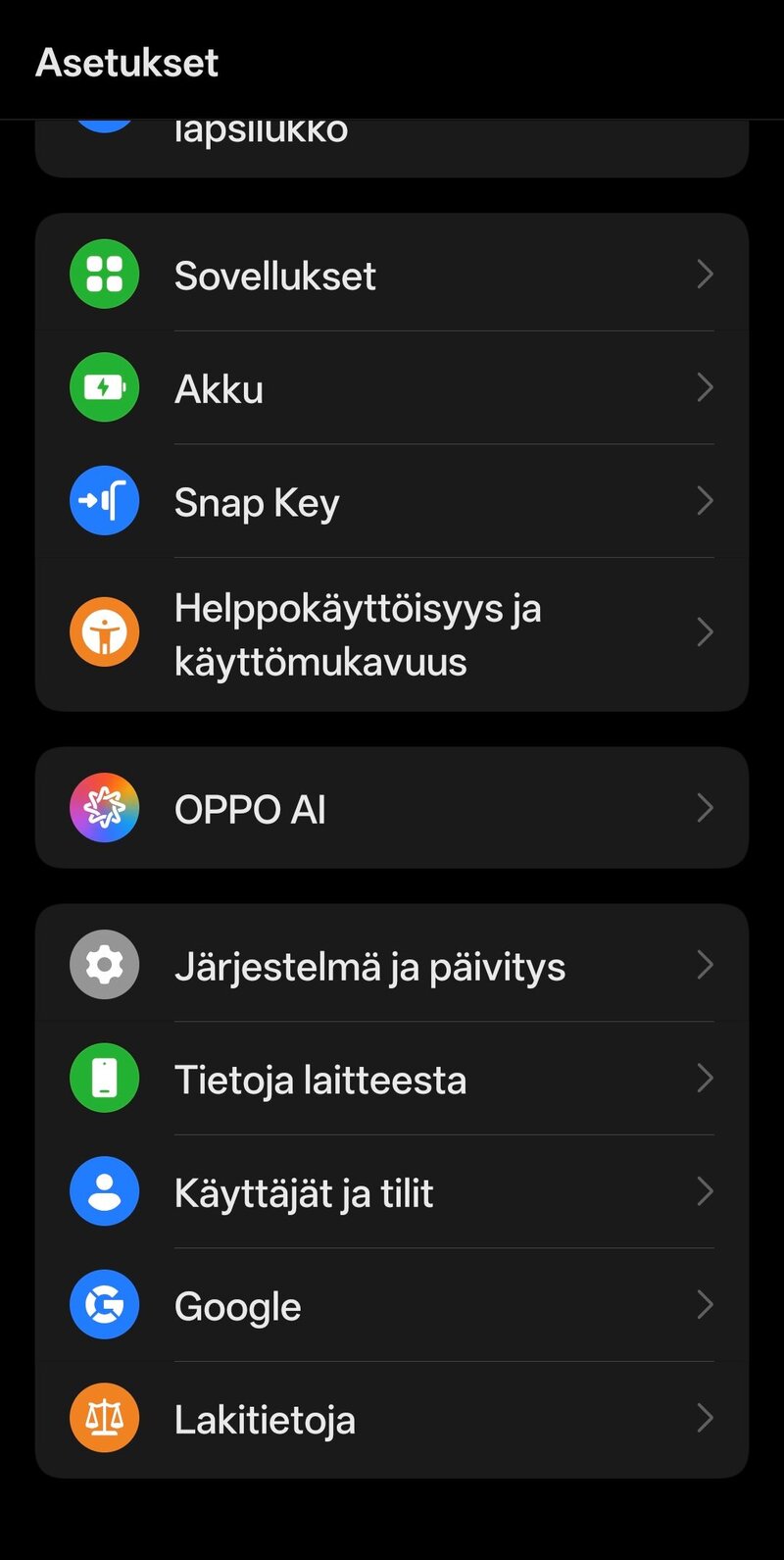 ColorOS:n asetuksia 2/2