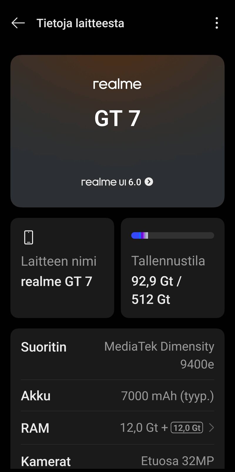 Tietoja testissä olleesta Realme GT 7 -mallista
