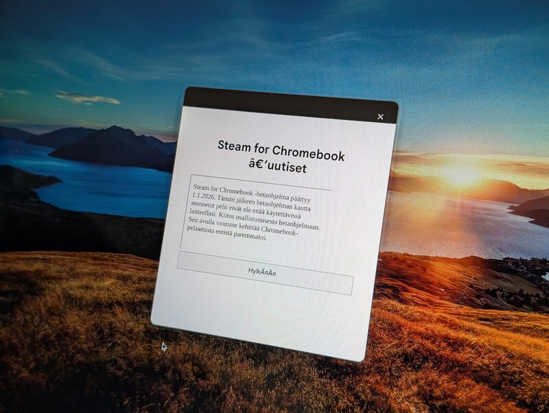 ilmoitus, joka kertoo steam-tuen päättymisestä chromebookeilla 1.1.2026