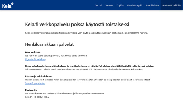 Kela pahoittelee: Valtava tekninen vika mykisti verkkopalvelut – Ei viitteitä hyökkäyksestä 