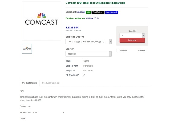 Comcast forced to reset 200,000 passwords after customer list is offered for sale