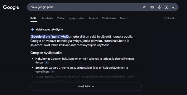 Kas näin... Google korvasi hakutulokset tekoälykoosteilla Suomessakin