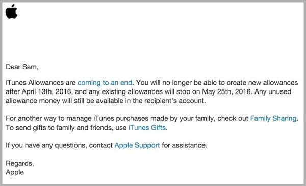 Apple ending 'iTunes Allowances' next month