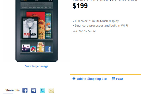 Head's up: Kindle Fire with $50 gift card from Wal-Mart for $199