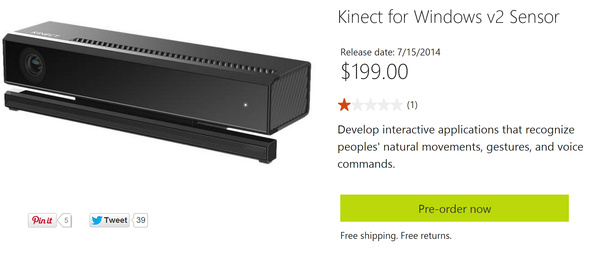 Microsoft Kinect for Windows v2 goes up for pre-order at $199, ships 7/15