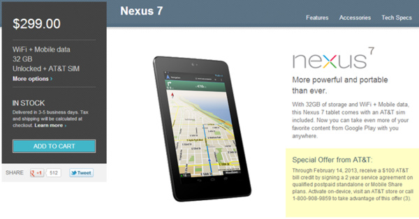 AT&T to offer $100 credit with purchase of Nexus 7 with contract