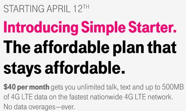 T-Mobile's new Simple Starter plan offers unlimited talk, text and 500MB data for $40 per month