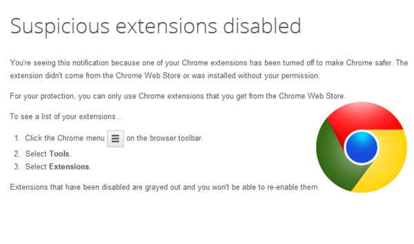 Uitgeschakelde 'verdachte' extensies in Chrome weer inschakelen.