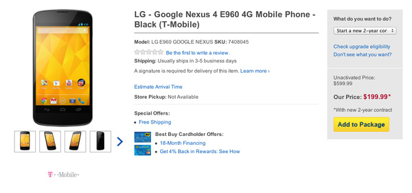T-Mobile version of Nexus 4 now available at Best Buy, Wirefly