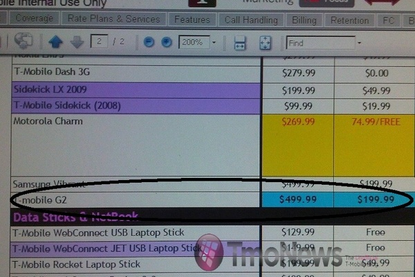 T-Mobile G2 pricing leaked