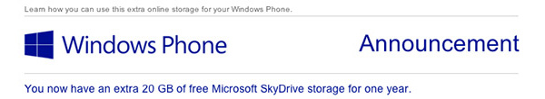 Microsoft gives another 20GB of free SkyDrive storage to Windows Phone owners
