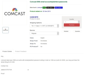 Comcast forced to reset 200,000 passwords after customer list is offered for sale