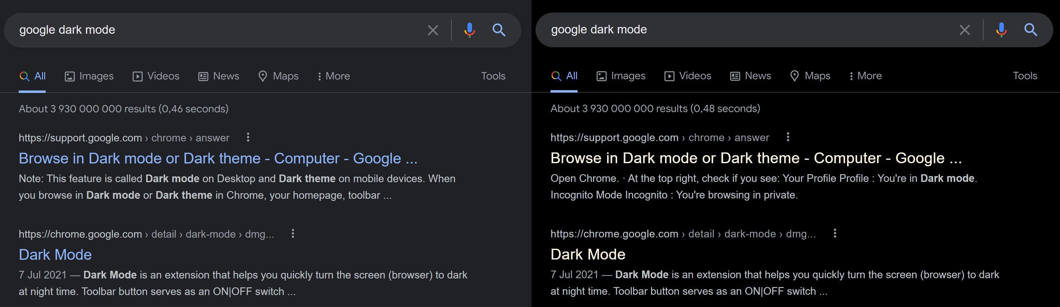 Google testing new dark mode yellow links, actual black background
