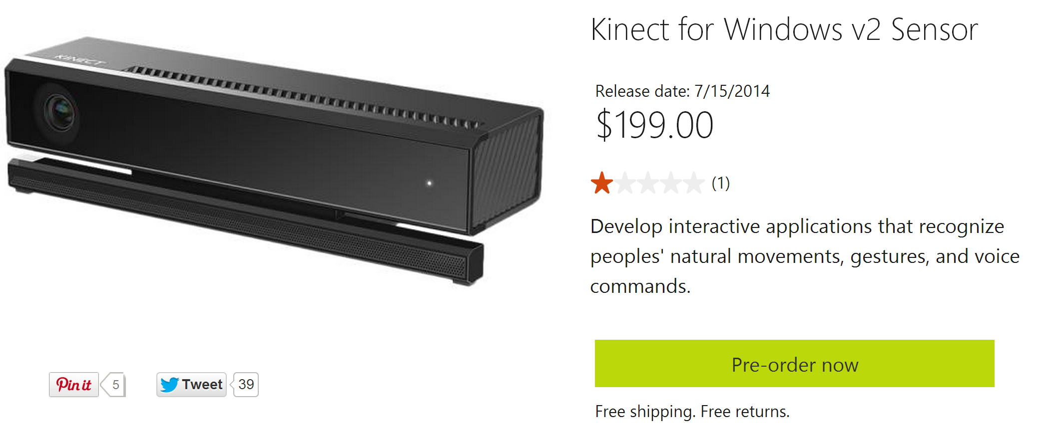 Microsoft Kinect For Windows V2 Goes Up For Pre-order At $199, Ships 7/ ...